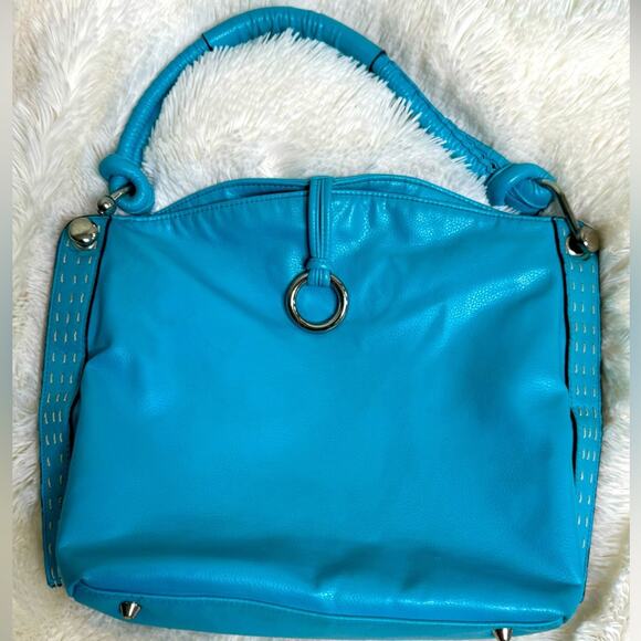 Turquoise Faux Leather Shoulder Bag with Silvertone Hardware - Picture 1 of 13